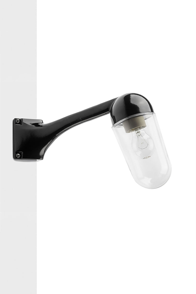 Wall-mounted, cast aluminium lamp (80 degrees) black, Glass cylinder clear
